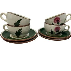 Stangl Pottery Thistle Pink Green 4 Cups Saucers Vintage.